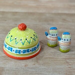 Anthropologie Warm & Toasty Butter Dish Salt Pepper Shakers 3 Piece Set